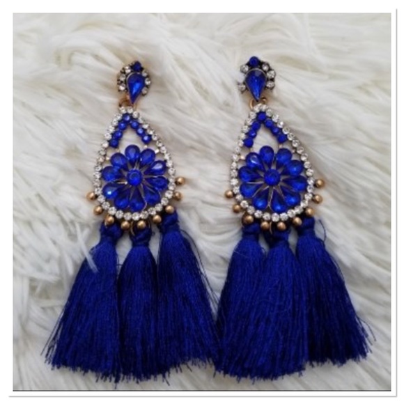 Jewelry - Dark Blue Rhinestone and Tassel Earrings